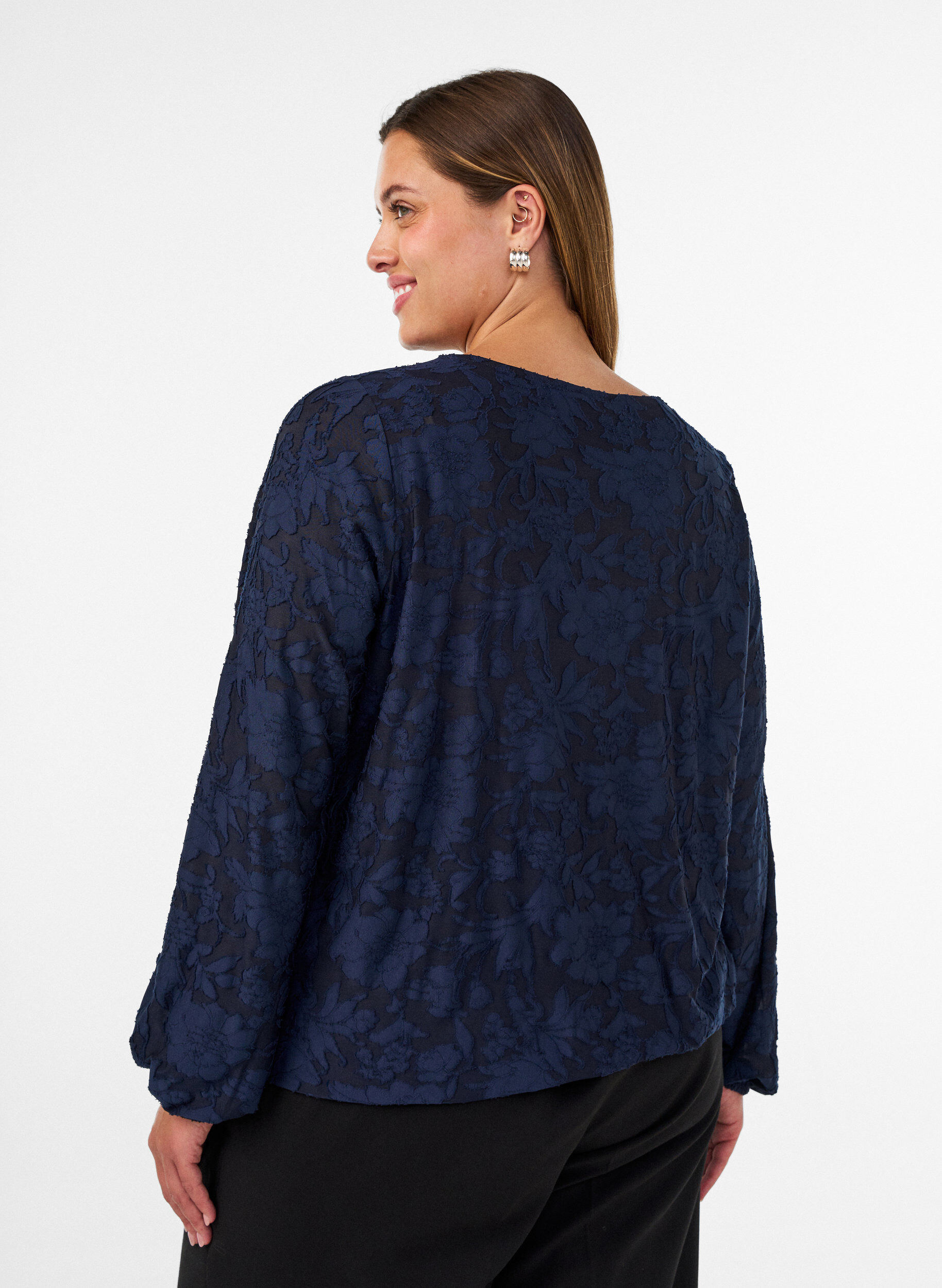 ZizzifashionSheer blouse with floral texture and long sleeves, Blue, Model image number 2