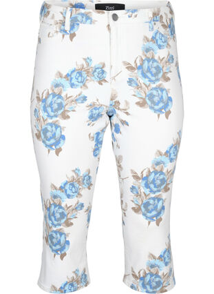 Amy high waist capri jeans with floral print, White B.AOP, Packshot image number 0