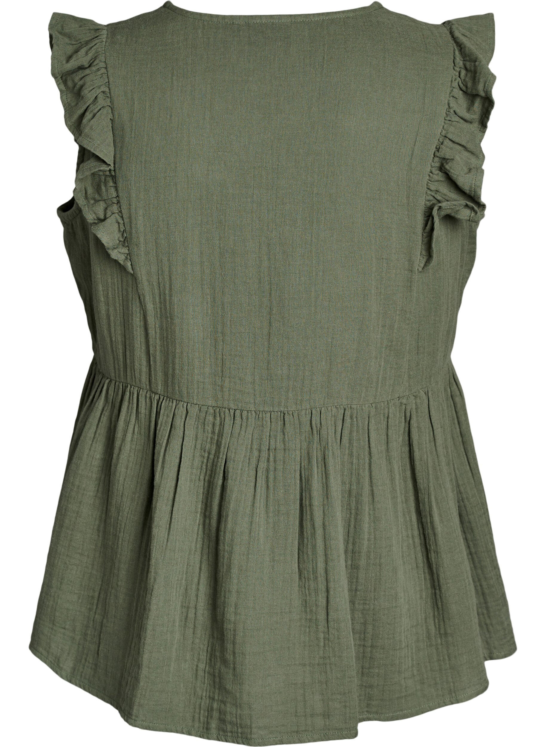 ZizzifashionSleeveless cotton muslin blouse with ruffles, Green, Packshot image number 1