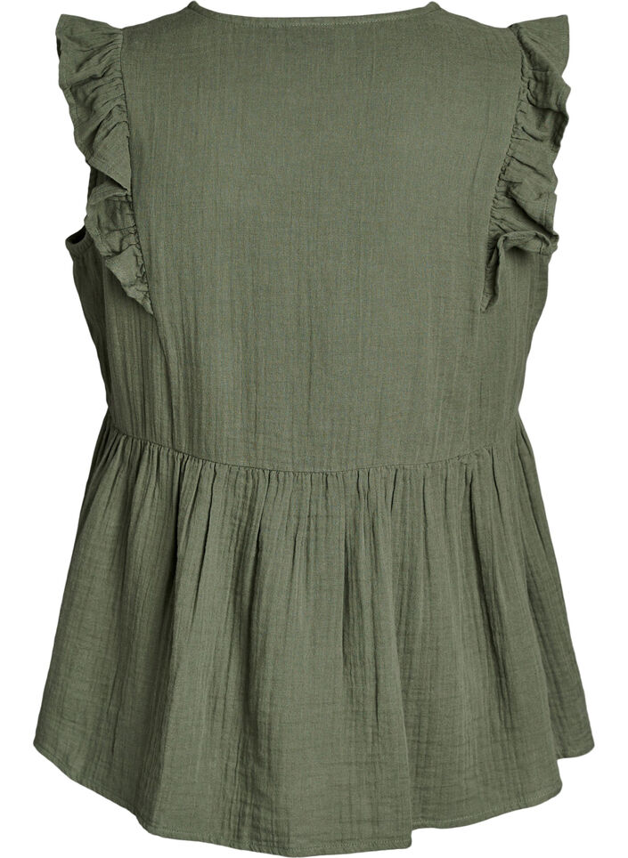 Sleeveless cotton muslin blouse with ruffles, Green, Packshot image number 1
