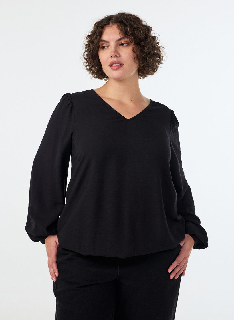 Viscose blouse with V-neck and balloon silhouette, Black, Model image number 0