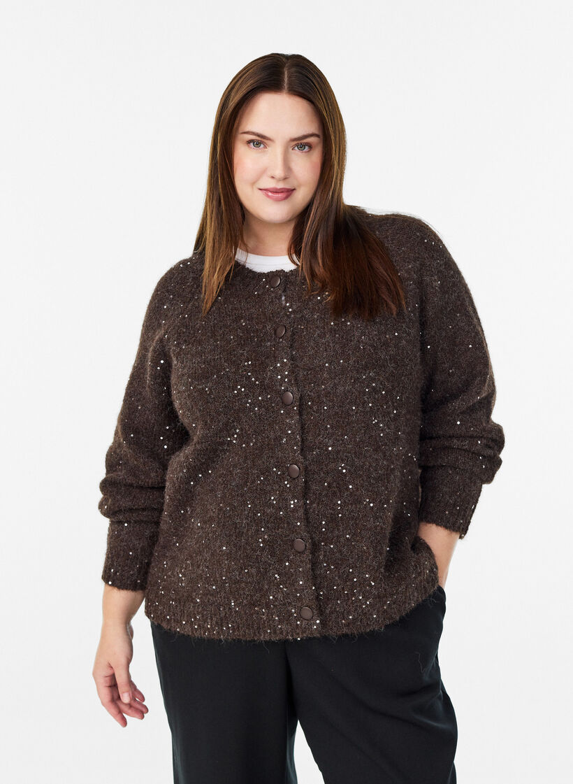 Knitted cardigan with sequins, Brown, Model image number 0