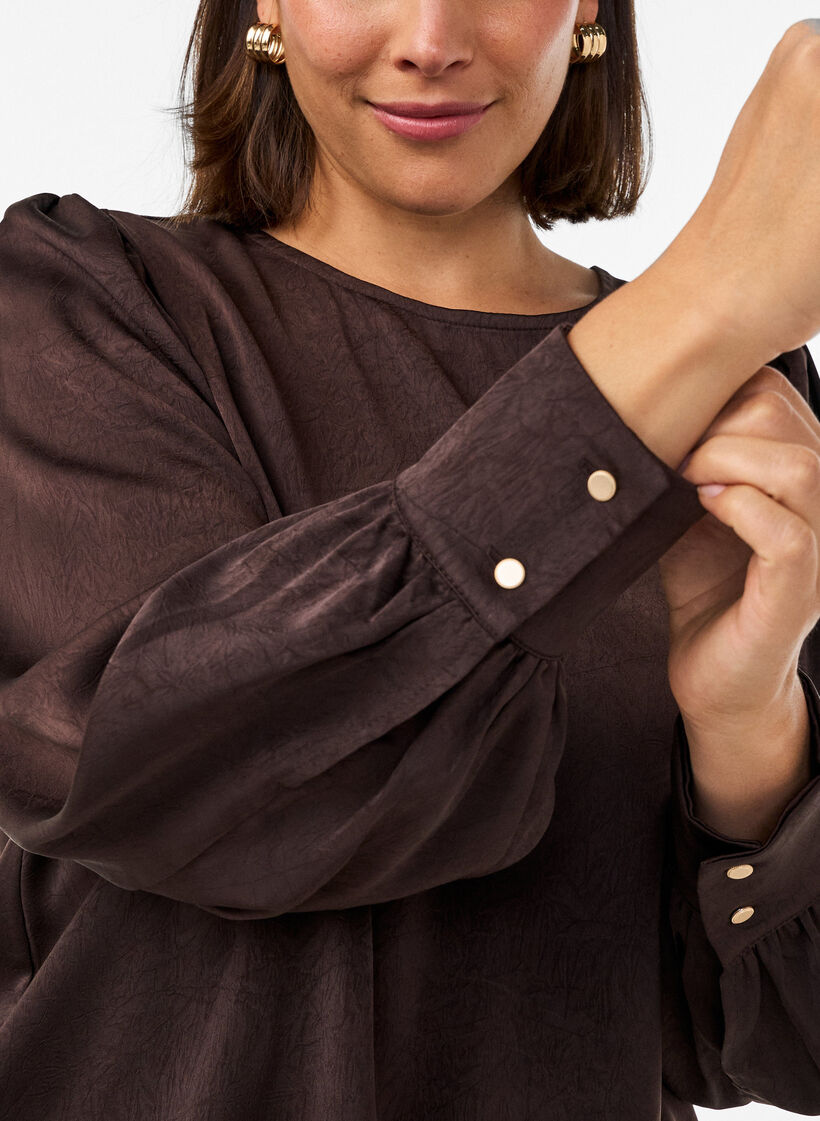 Satin-look blouse with a balloon shape, Brown, Model image number 3