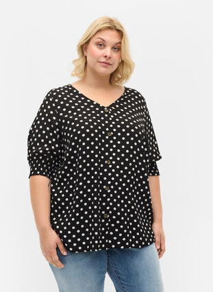 Printed viscose blouse with buttons, Black Dot, Model image number 0