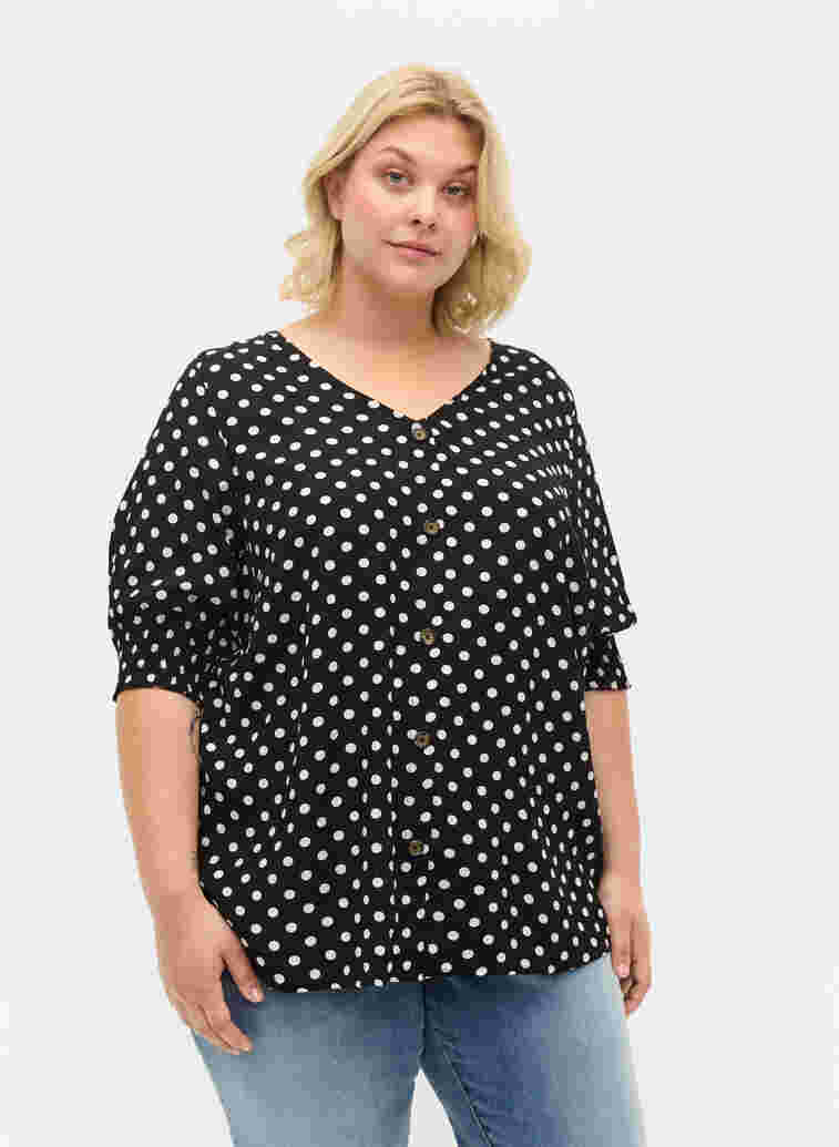 Printed viscose blouse with buttons, Black Dot, Model image number 0