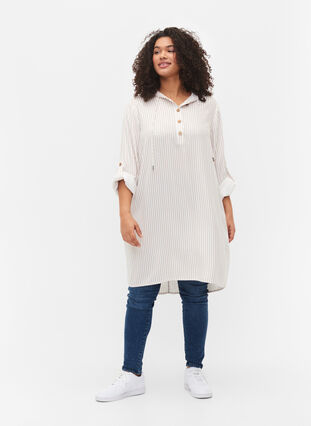 Viscose tunic with hood, Natural/White Stripe, Model image number 2