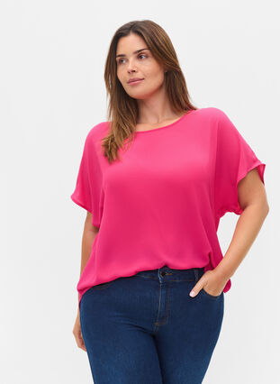 Short sleeved blouse with round neckline, Beetroot Purple, Model image number 0