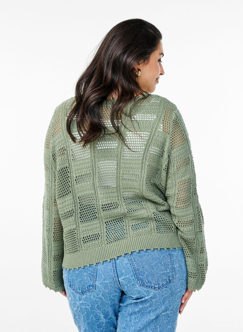 Knitted cardigan with ties and an openwork pattern, Green, Model image number 2