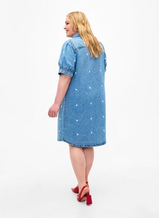 Denim dress with embroidered hearts, Light blue denim, Model image number 1