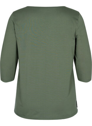 Plain-coloured cotton blouse with 3/4-length sleeves and slits, Thyme, Packshot image number 1