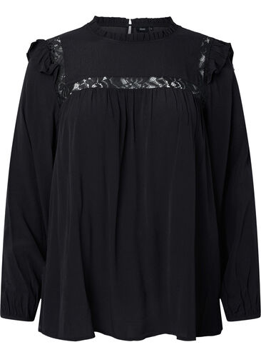 Viscose blouse with frills and lace, Black, Packshot image number 0