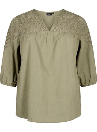 Blouse in a cotton mix with linen and crochet detail, Deep Lichen Green, Packshot image number 0