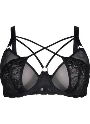 Full cover bra with string and lace, Black, Packshot image number 0