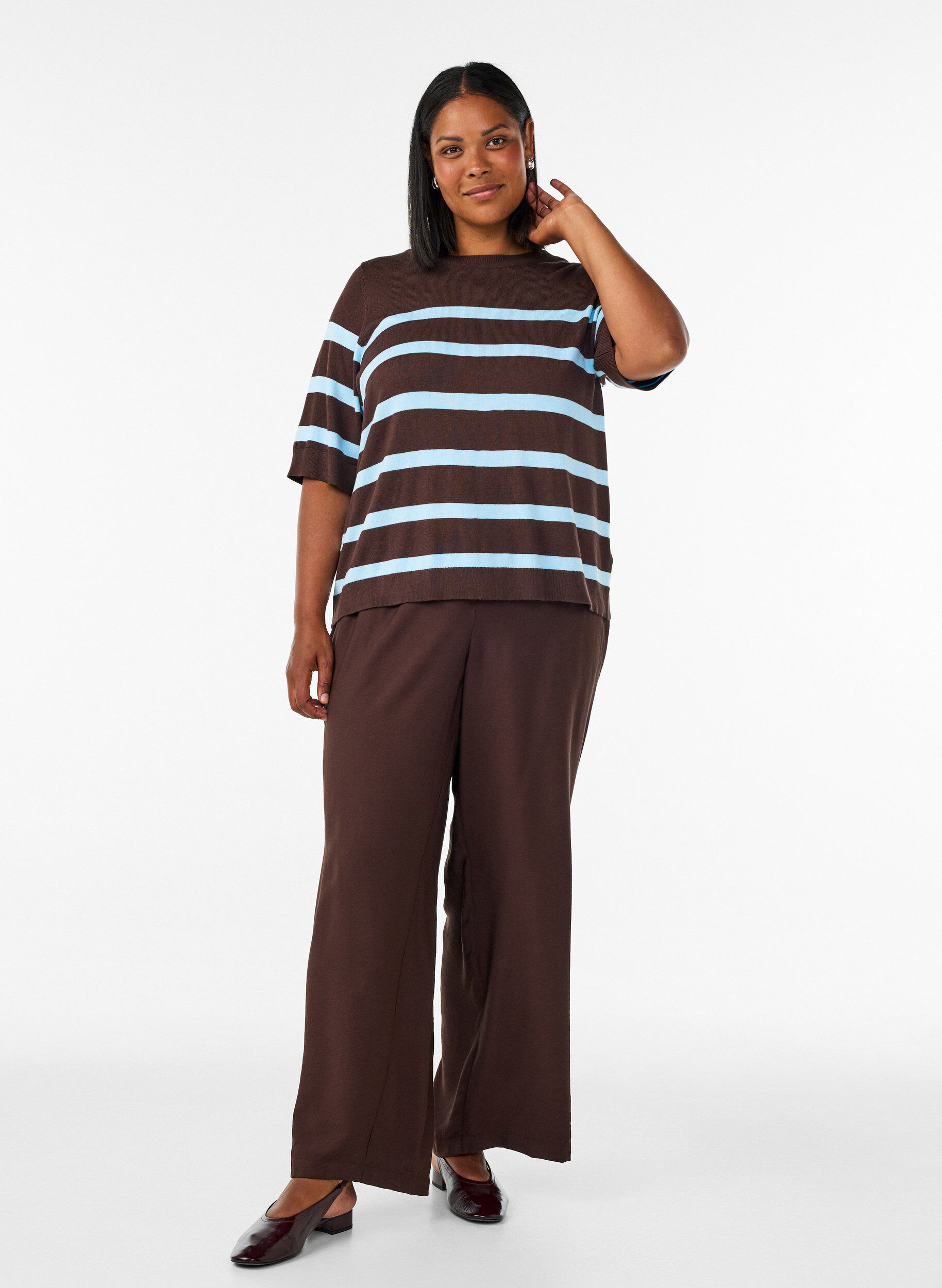 ZizzifashionStriped knit top with short sleeves, Brown, Model image number 1