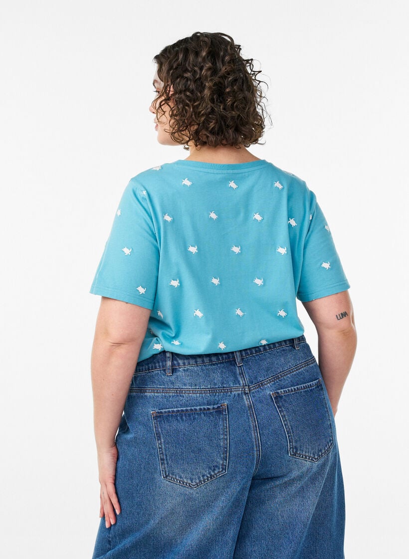 T-shirt in organic cotton with embroidered motifs, Blue, Model image number 2