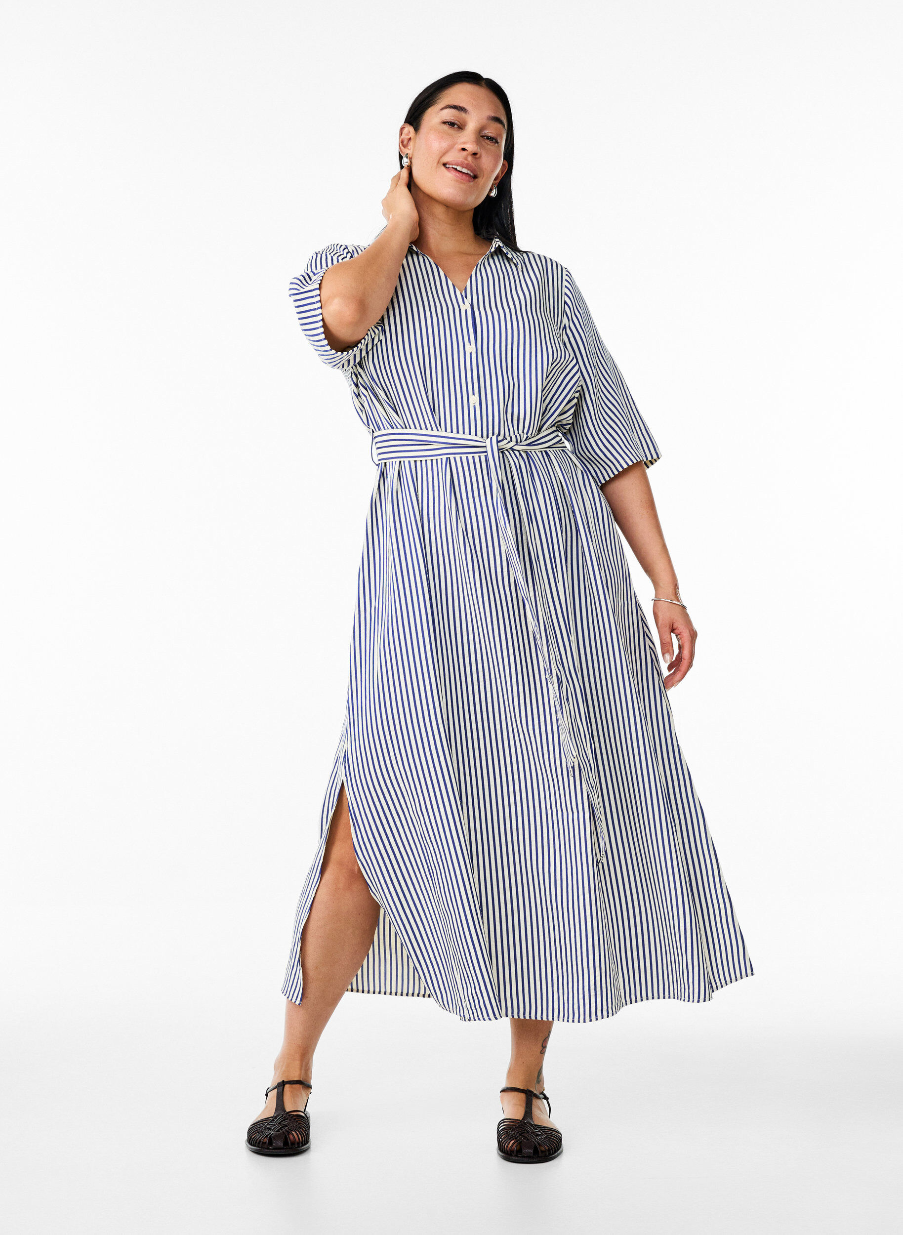 Ankle-length shirt dress with tie belt and stripes, Blue, Model