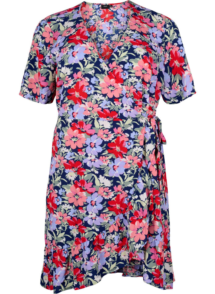 Floral wrap dress with short sleeves, Blue, Packshot image number 0