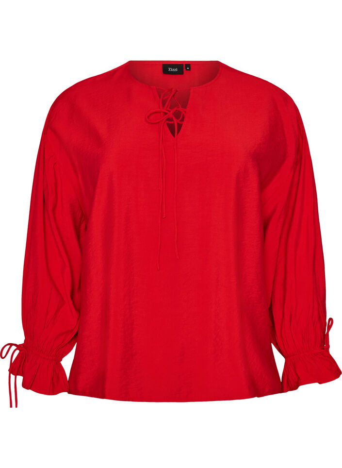 Viscose blouse with ties and ruffle details, Red, Packshot image number 0
