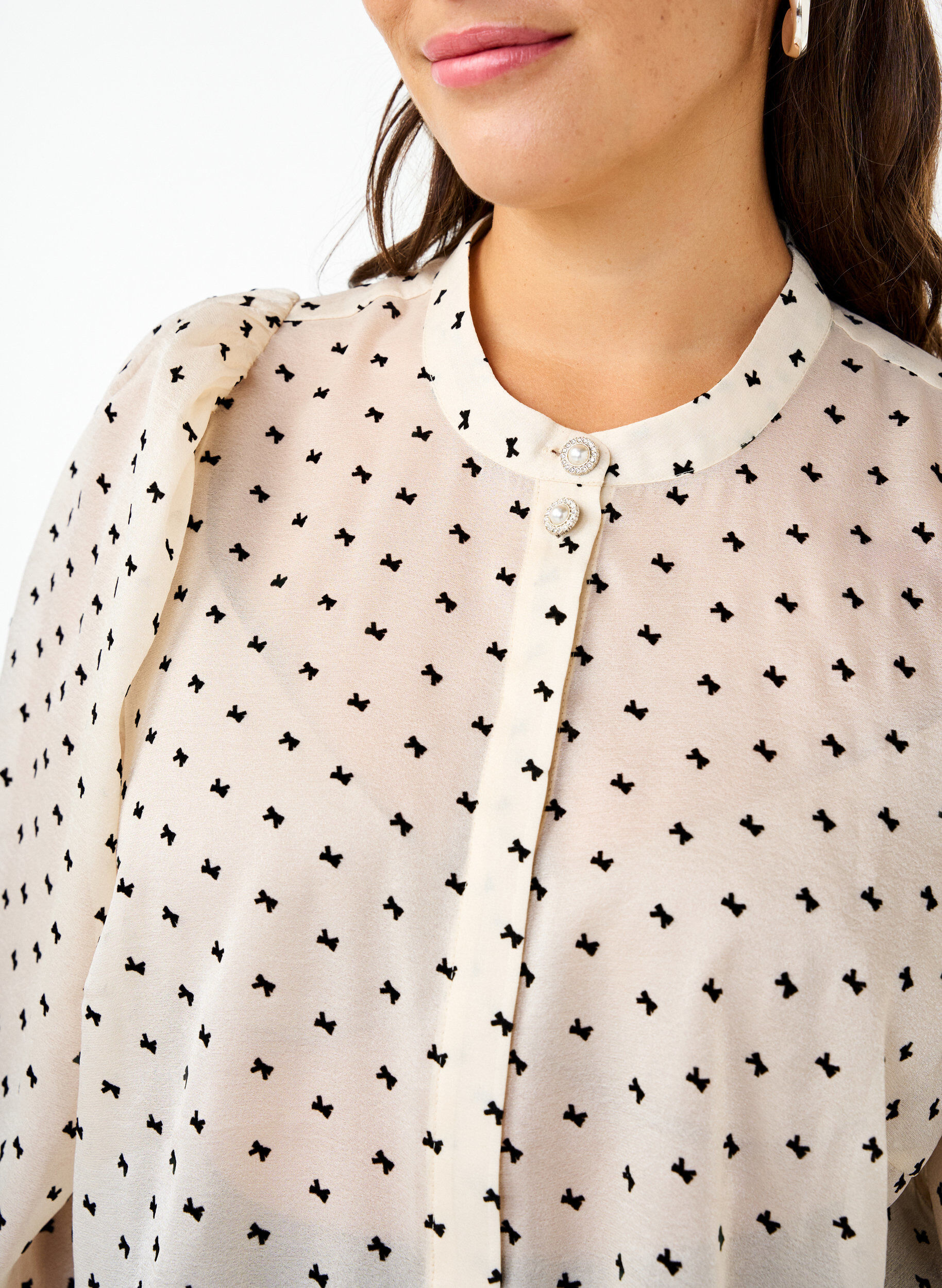 Zizzifashion Blouse with peplum and bows, Ecru w Bow, Model image number 2