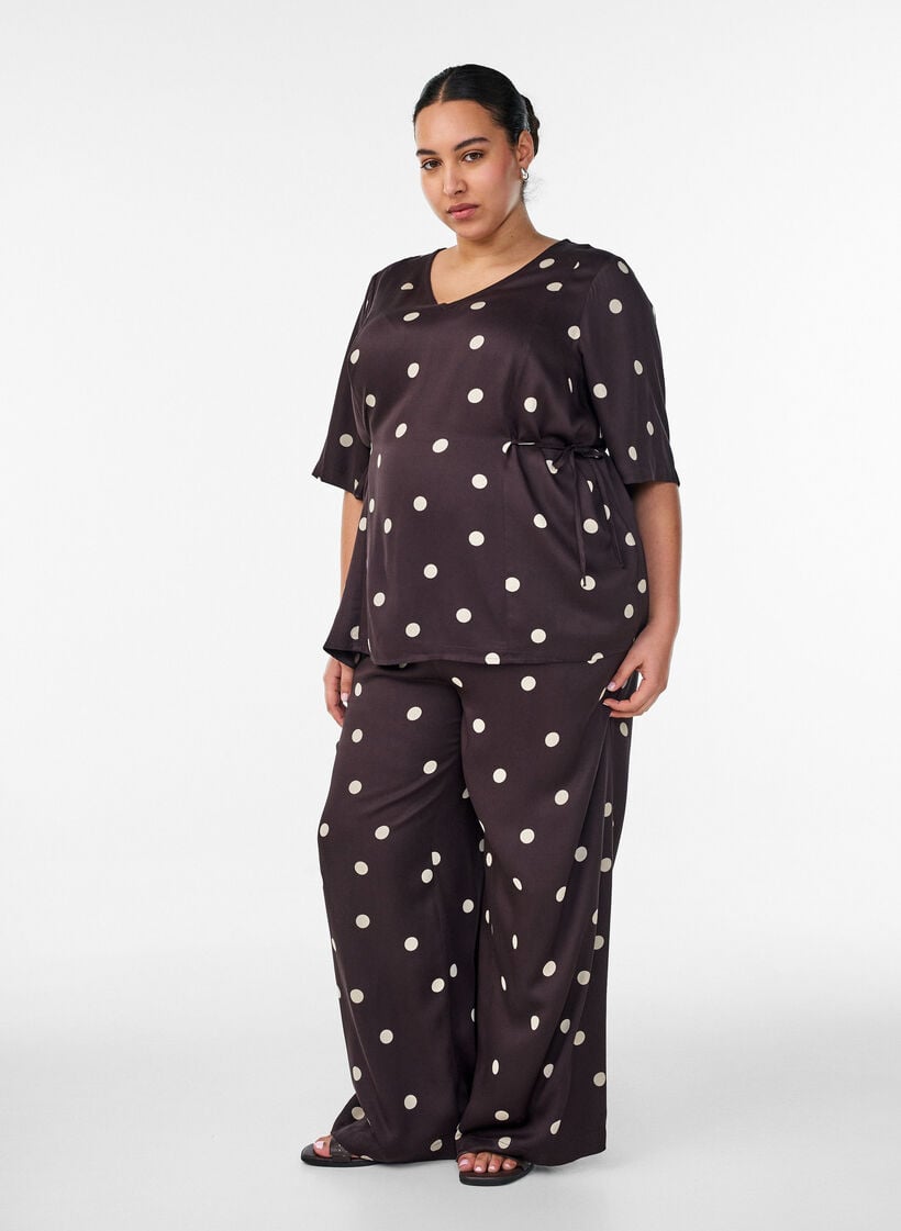 Viscose trousers with polka dots and wide legs, Brown, Model image number 1
