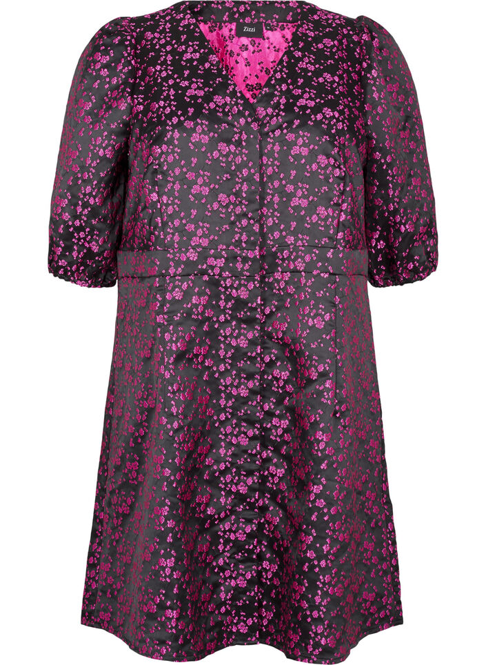 Knee-length dress with embroidered flowers, Black Pink Flower, Packshot image number 0