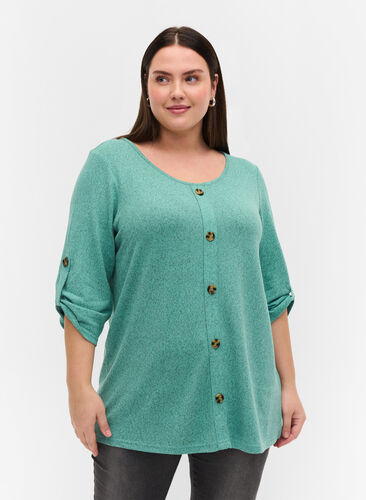 Blouse with buttons and 3/4 sleeves, Dusty Jade Green M., Model image number 0