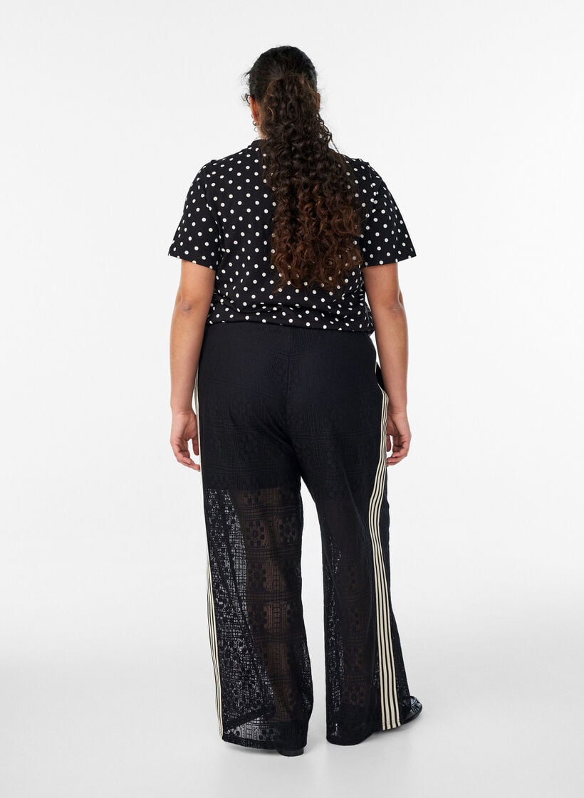 Wide-leg lace trousers with contrast stripes, Black, Model image number 2