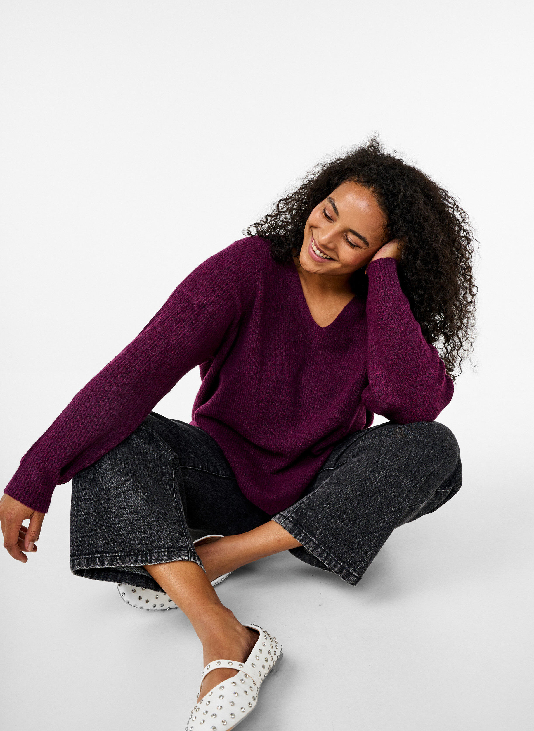 Zizzifashion Knitted blouse with v-neck and long sleeves, Potent P. Black Mel., Image image number 0