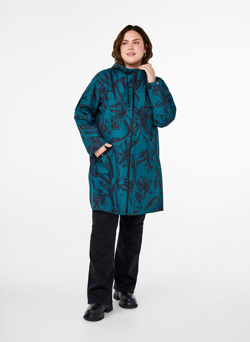 Rain jacket with print, Deep Teal Black, Model image number 2