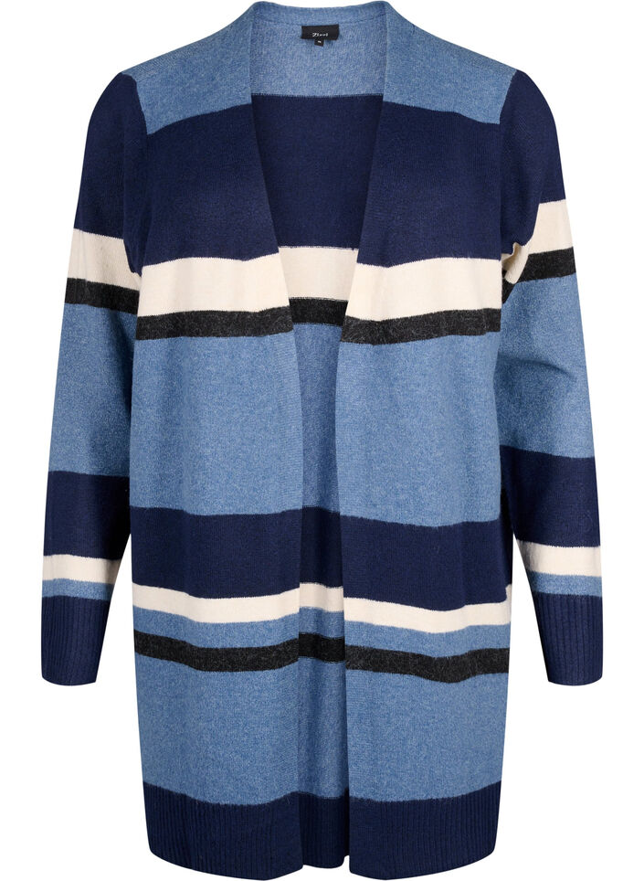 Long knit cardigan with wide stripes, Blue, Packshot image number 0