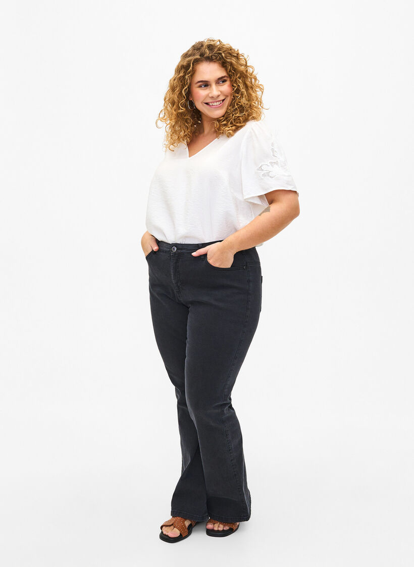 Short sleeve viscose blouse with embroidery, White, Model image number 1