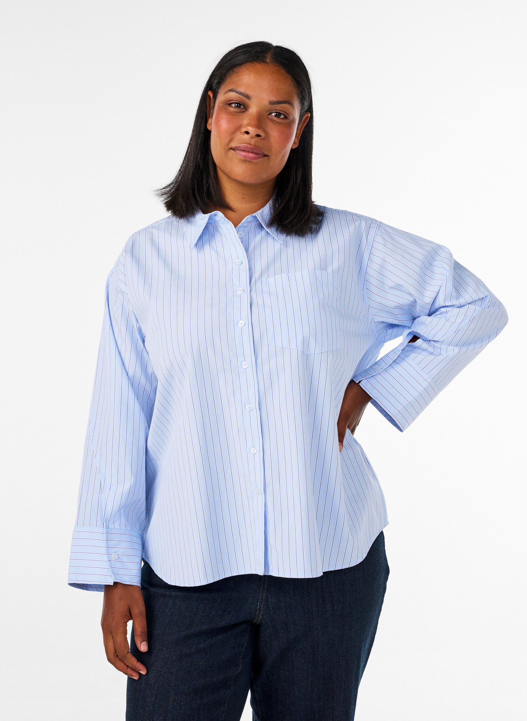 Striped shirt with wide cuffs, Light Blue, Model