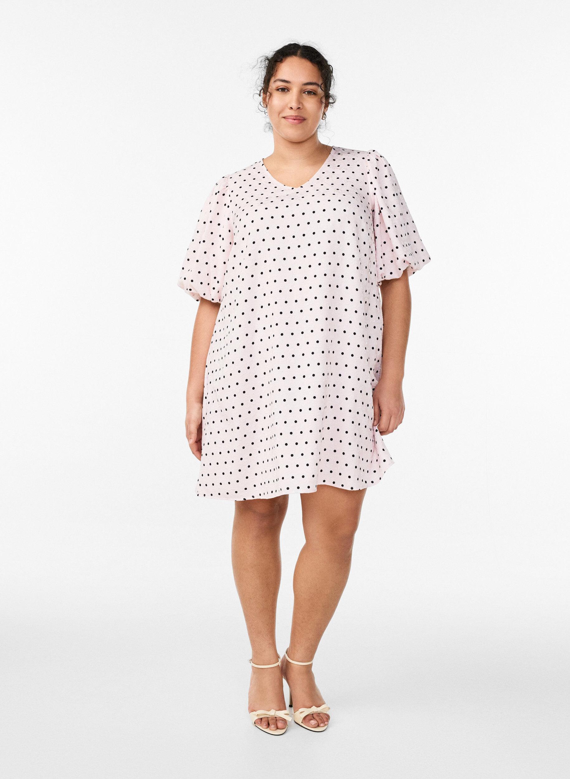 Zizzifashion Polka dot A-line dress with balloon sleeves, Pink, Model image number 1