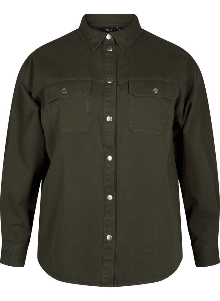 Solid-colored denim shirt with chest pockets, Forest Night, Packshot image number 0