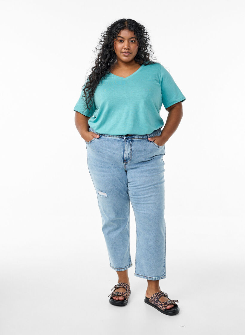 Short sleeve basic t-shirt with v-neck, Green, Model image number 1