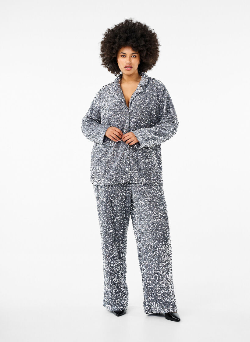 Loose sequin trousers with high waist, Silver, Model image number 0