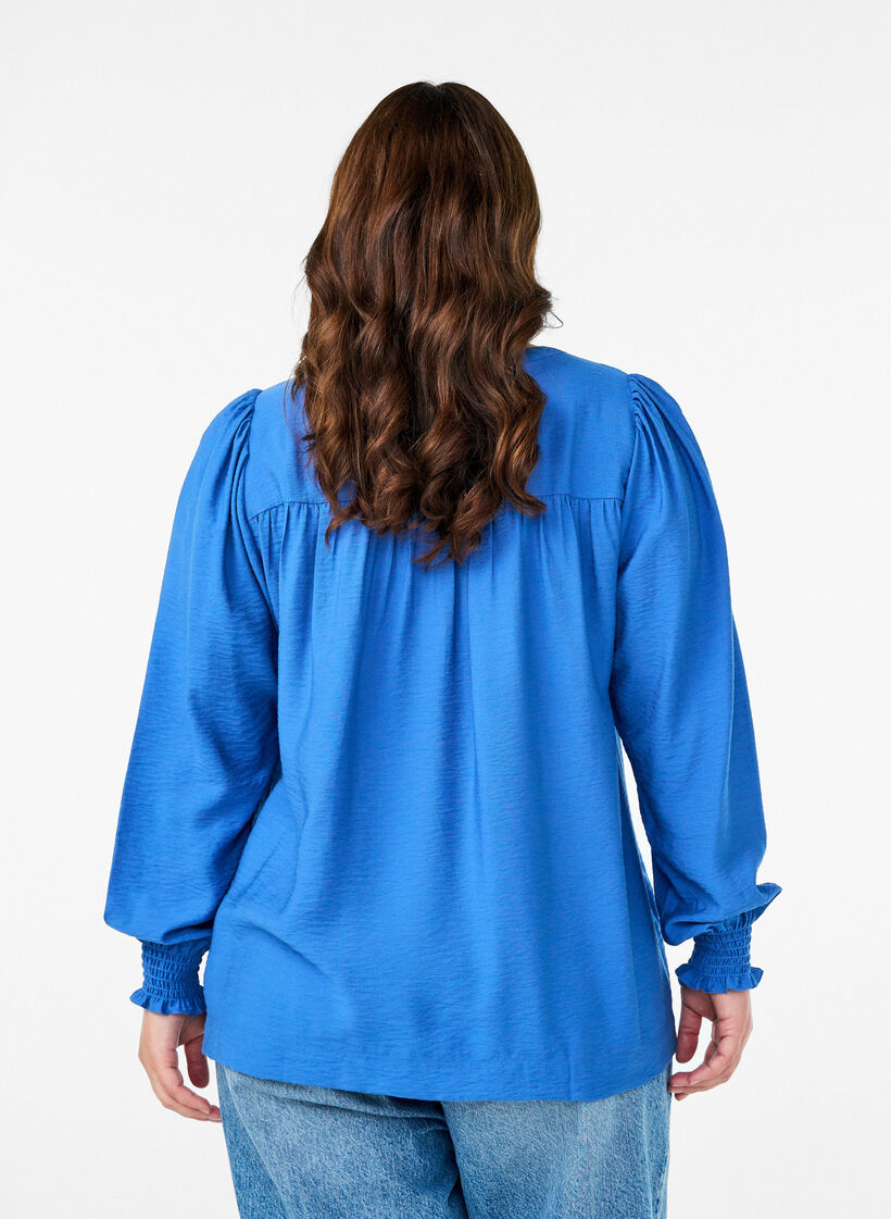 Viscose blouse with smock and gathered details, Blue, Model image number 2