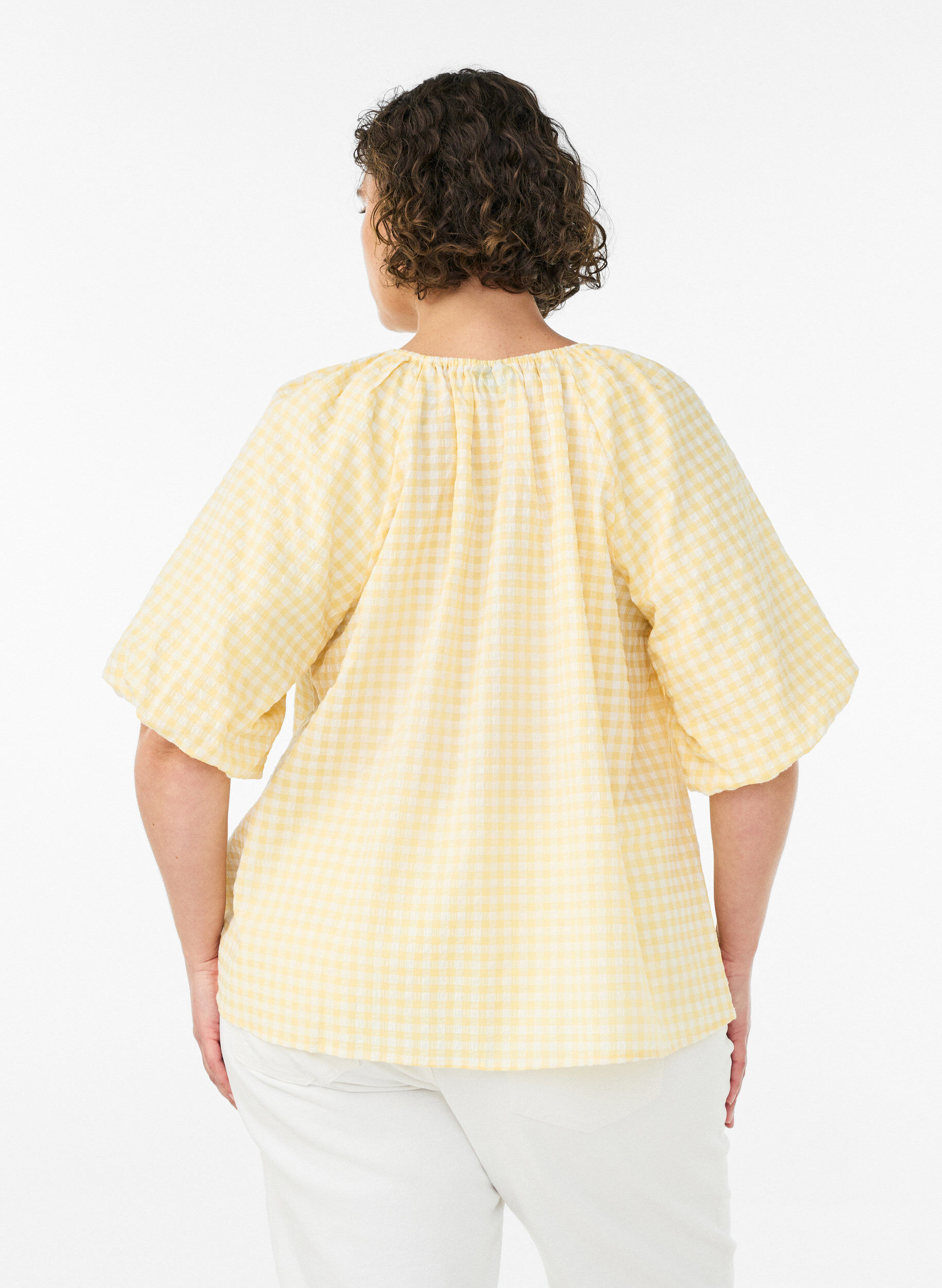 ZizzifashionSmall check blouse with an elasticated neckline and elbow-length sleeves, Yellow, Model image number 2