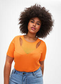 Tight-fitting V-neck blouse with mesh detail, Vibrant Orange, Model