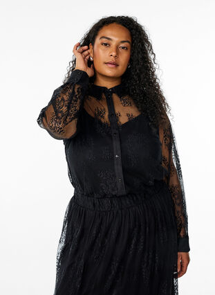 Transparent lace shirt with long sleeves - Black - Sz. 40-64 - Zizzifashion Transparent lace shirt with long sleeves - Black - Sz. 40-64 - Zizzifashion