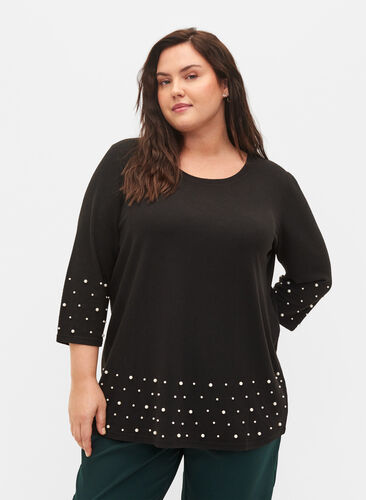 Blouse with pearls and 3/4 sleeves, Black, Model image number 0
