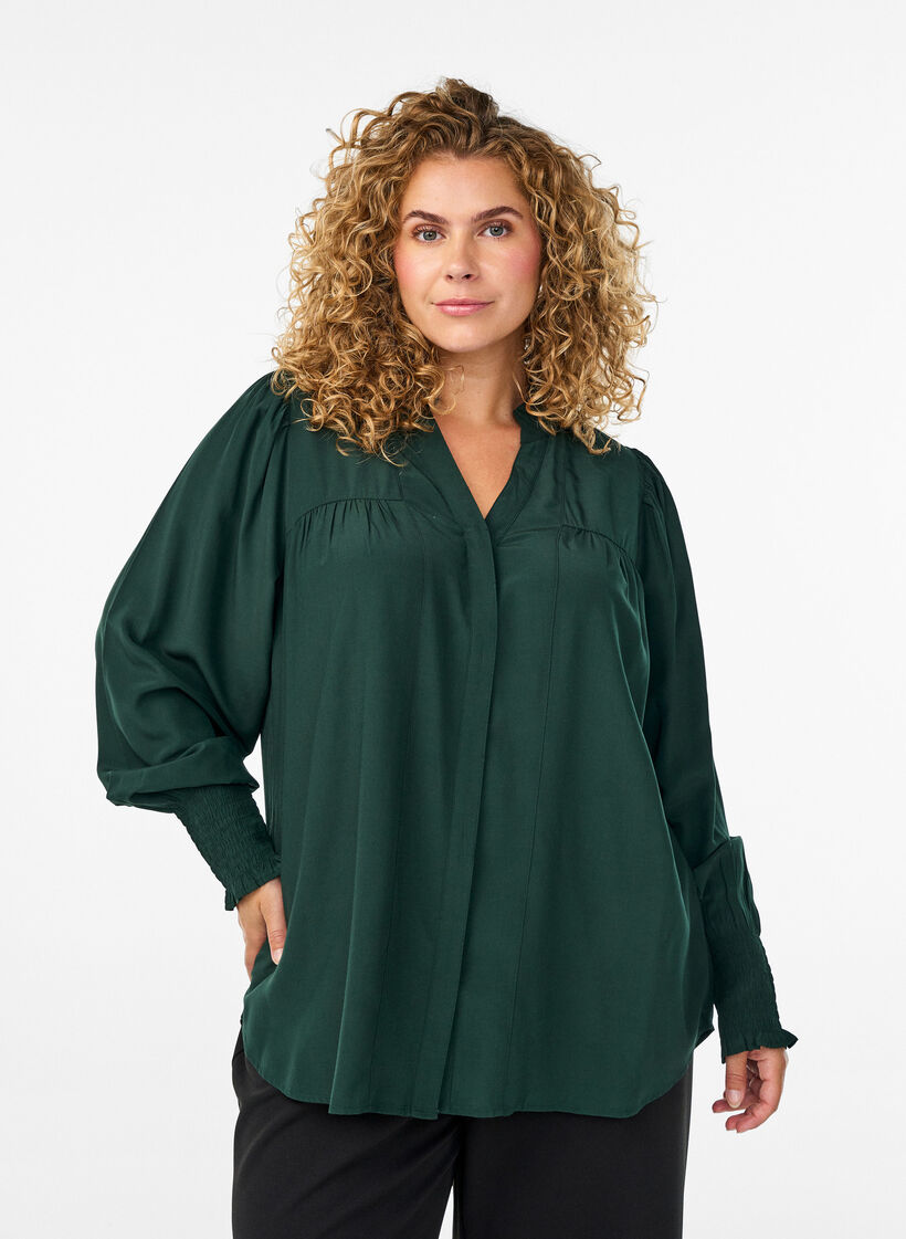Blouse with ruffle collar and ruching, Green, Model image number 0