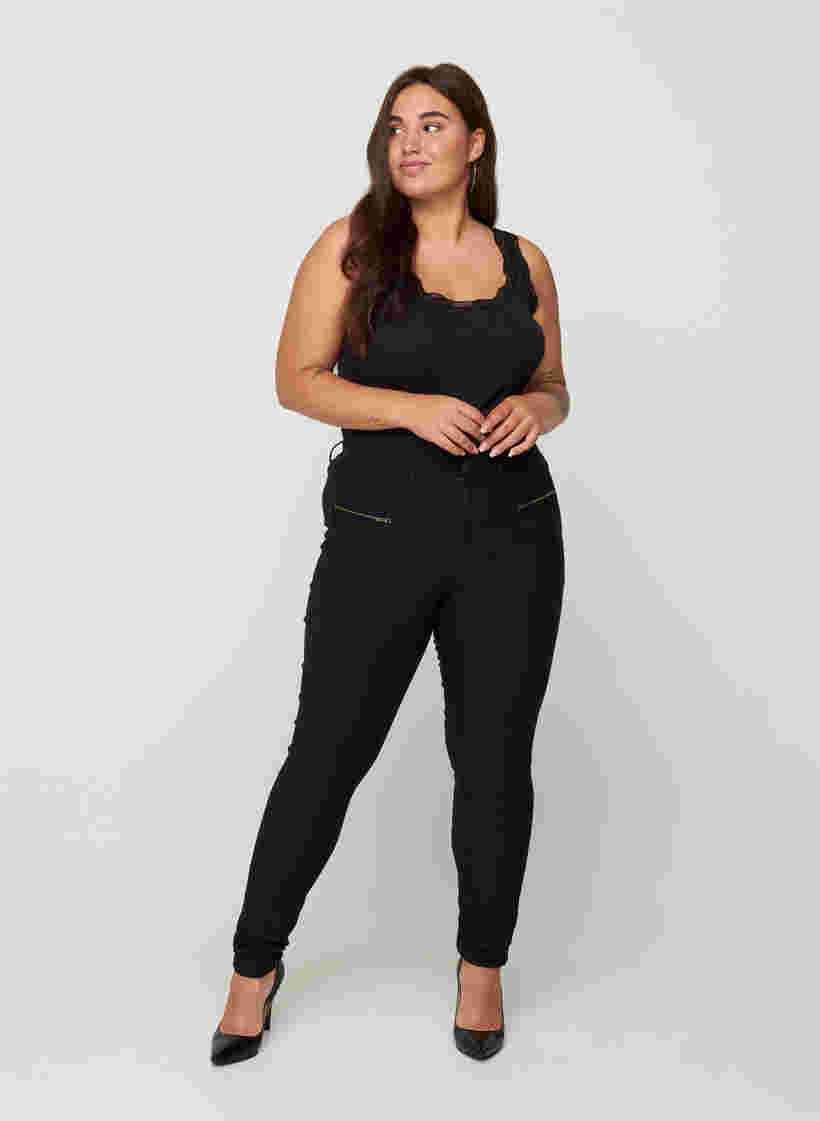 Close-fitting trousers with zipper details, Black, Model image number 4