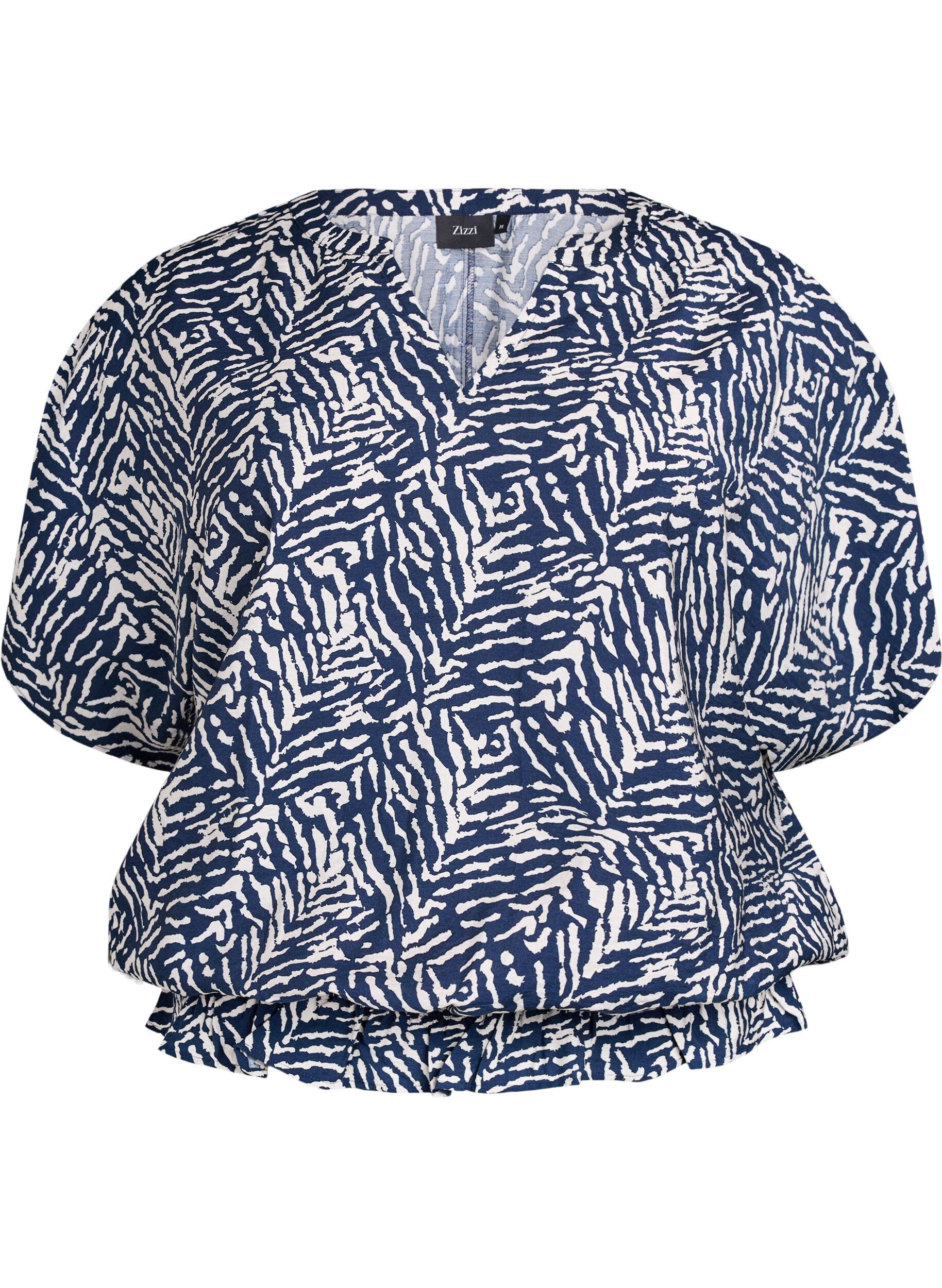 Zizzifashion Blouse with short sleeves and a ruffled hem, Blue, Packshot image number 0