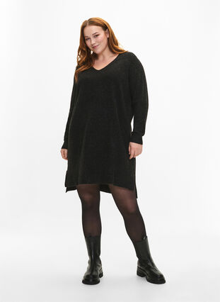 Knitted dress with slit, Dark Grey Melange, Model image number 2