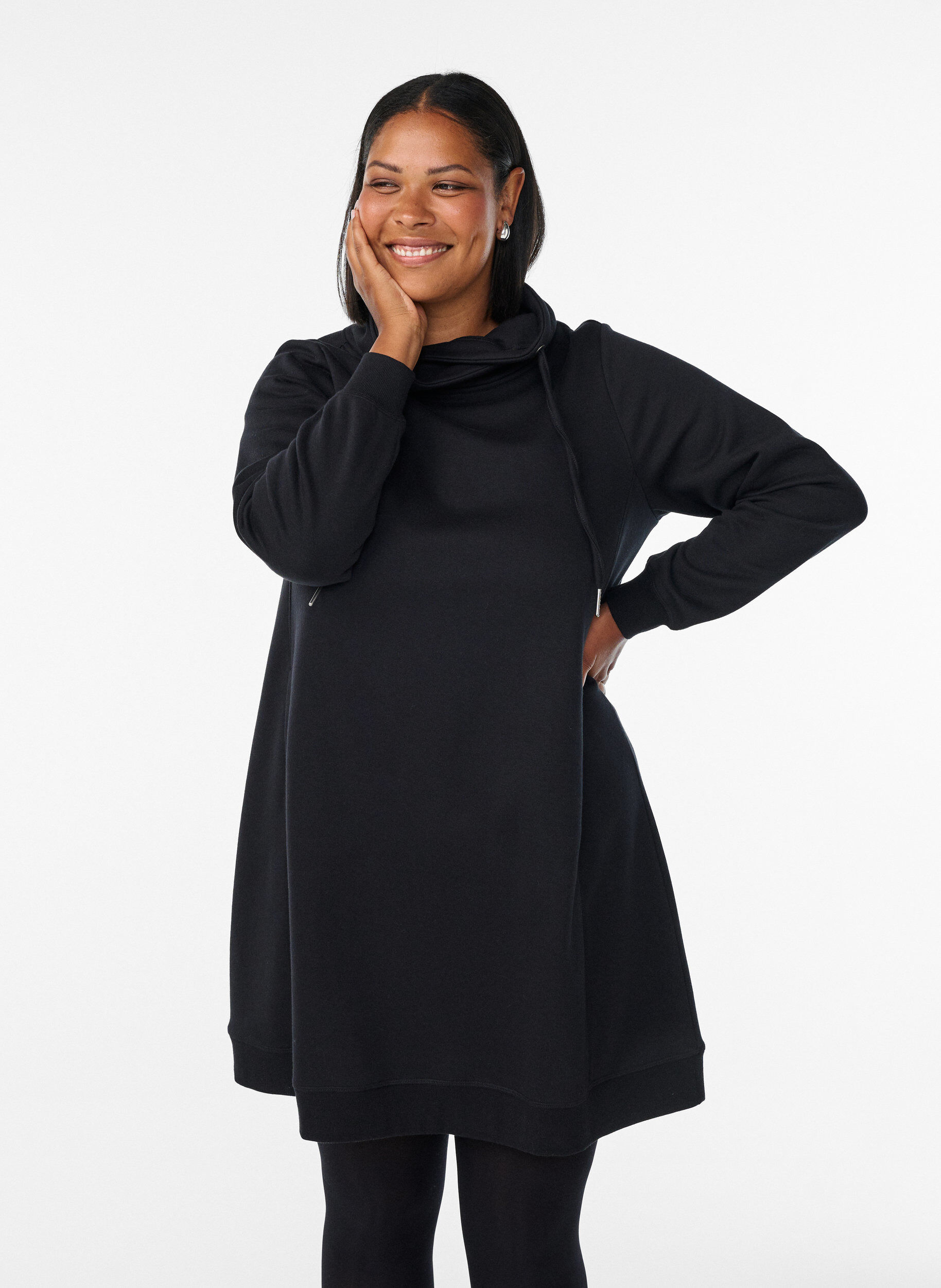 FLASH - Short sweatshirt dress with high collar and pockets, Black, Model