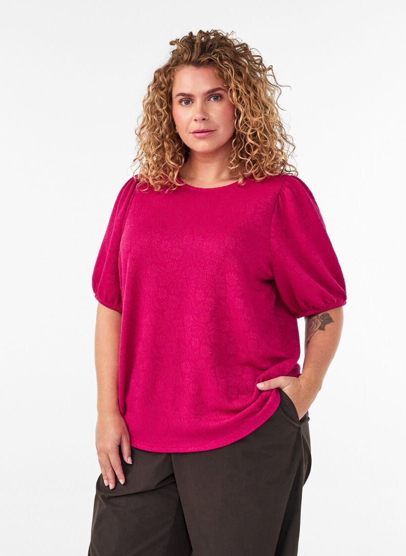 Blouse with texture and short sleeves, Pink, Model image number 0