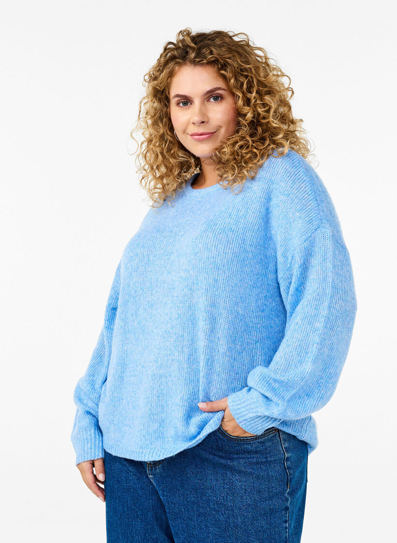 Long-sleeved knitted jumper with wool and a round neck, Della R. Blue Mel., Model image number 0