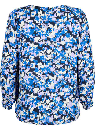 FLASH - Long sleeved blouse with smock and print, Blue Purple Flower, Packshot image number 1