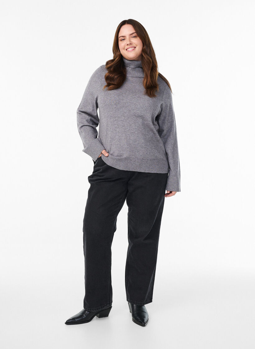 Knitted blouse with turtleneck and side buttons, Grey, Model image number 1